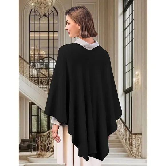 Women's Black 1 Elegant Open Poncho Sweater Spring Fall Winter Shawl Wrap - Picture 2 of 6